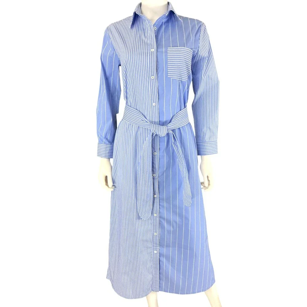 blue stripe chessie dress Pomander Place Maxi Shirt Women's XS White Belted NWT Ruffle Sleeveless Bandage V-Neck, ONE SHOULDER GOWN smocked waist Group Color:black Floral maxi dress